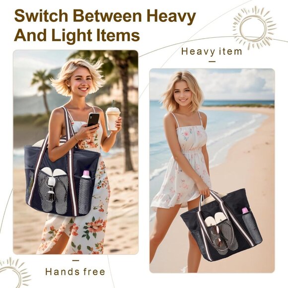 Women's Black Vacation Waterproof Sandproof With Zipper Mesh Pockets Beach Bag - Picture 6 of 8